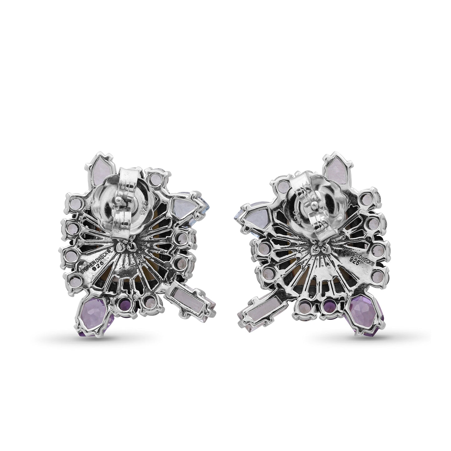Carventurous Hand Carved Mother of Pearl Lavender Moon Quartz Amethyst Blue and White Topaz Earrings in Sterling Silver