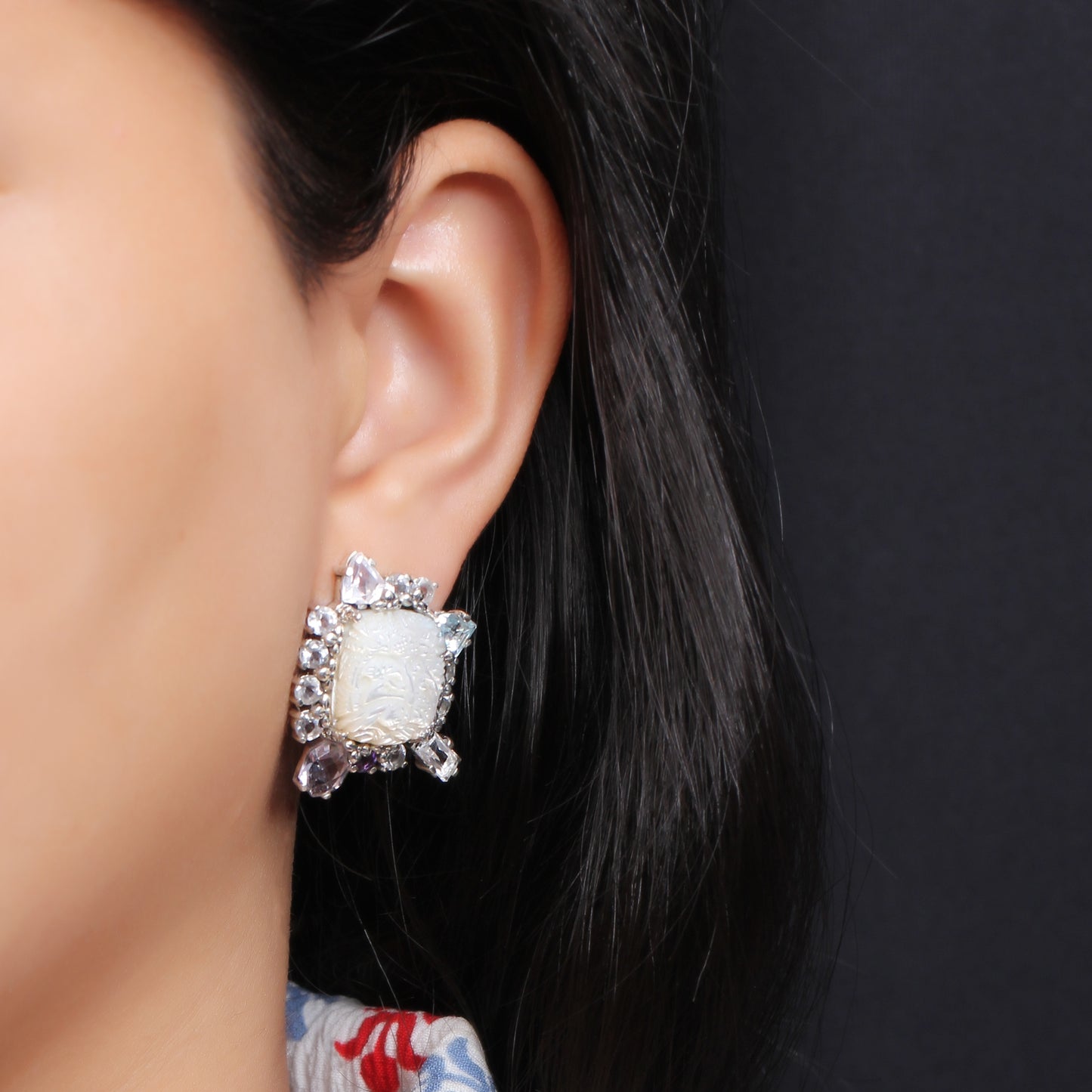 Carventurous Hand Carved Mother of Pearl Lavender Moon Quartz Amethyst Blue and White Topaz Earrings in Sterling Silver