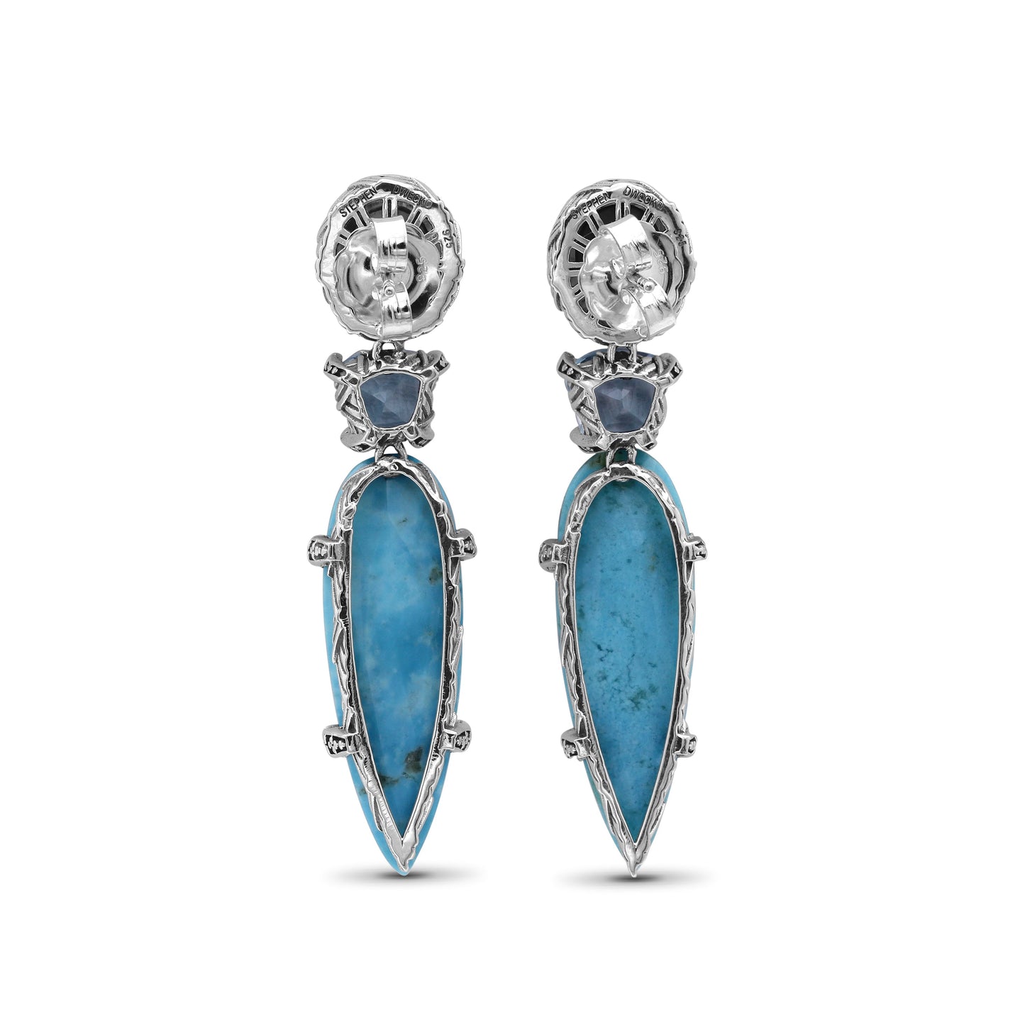 Carventurous Hand Carved Natural Quartz Abalone Faceted Blue Topaz and Faceted Turquoise Earrings in Sterling Silver