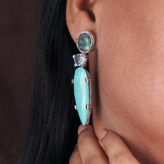 Carventurous Hand Carved Natural Quartz Abalone Faceted Blue Topaz and Faceted Turquoise Earrings in Sterling Silver