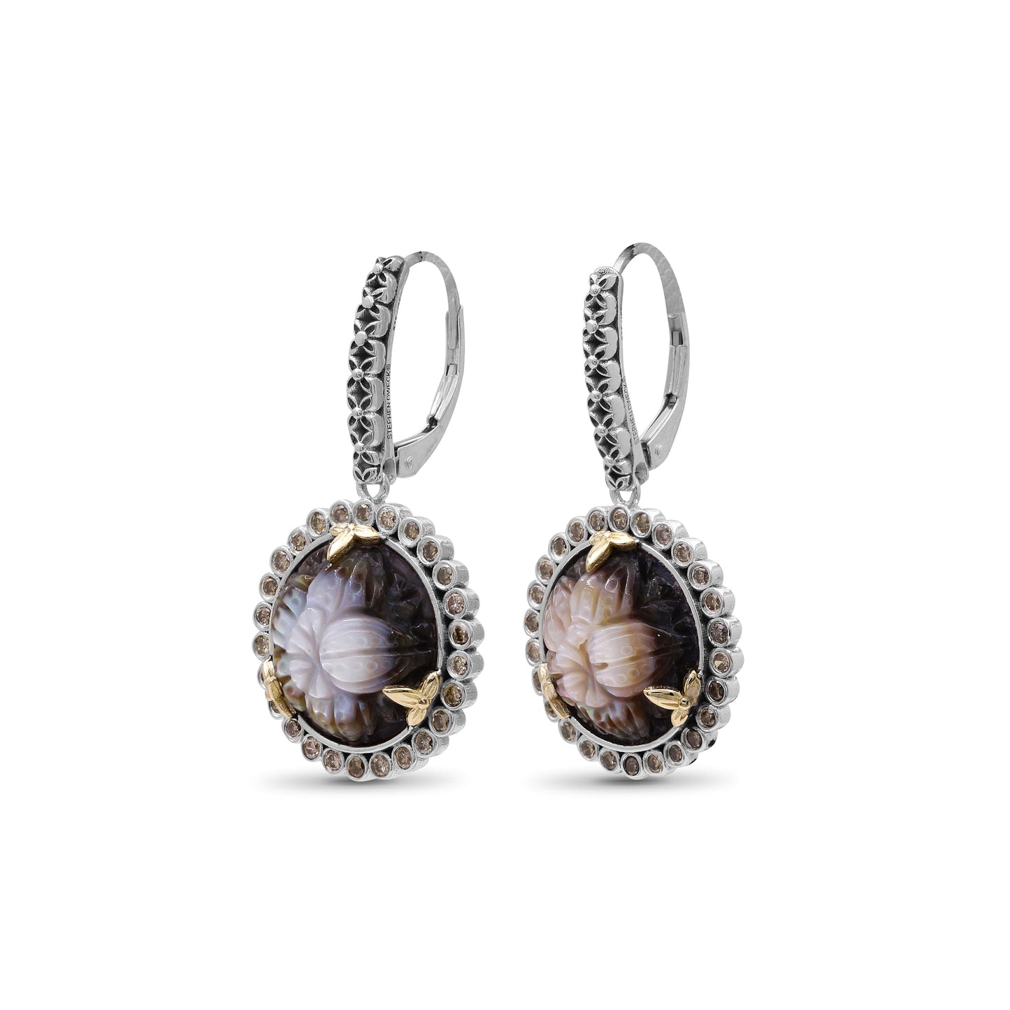 Carventurous Hand Carved Multi-Hued Mother of Pearl Earrings in Sterling Silver with Champagne Diamonds and 18K Gold Flowers