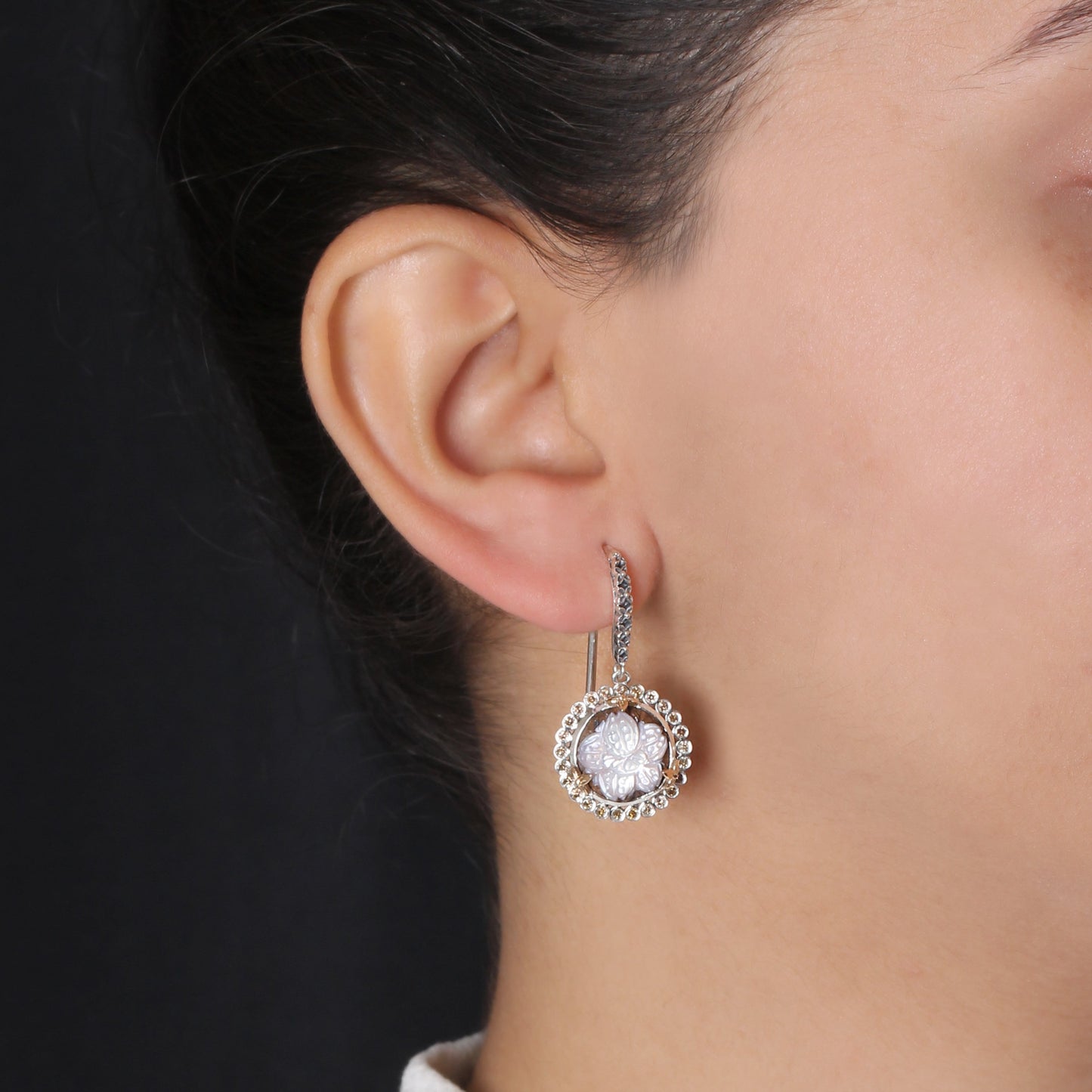 Carventurous Hand Carved Multi-Hued Mother of Pearl Earrings in Sterling Silver with Champagne Diamonds and 18K Gold Flowers