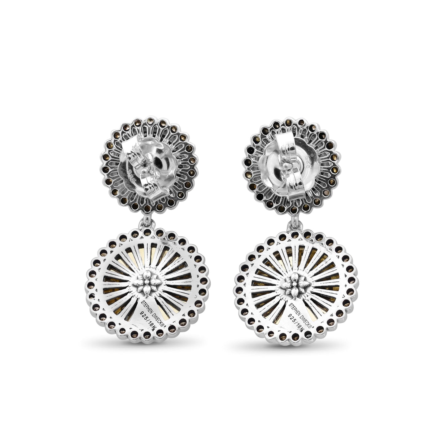 Carventurous Internally Carved Natural Quartz Gold Lining with Champagne Diamonds Earrings in Sterling Silver with 18K Gold Flowers