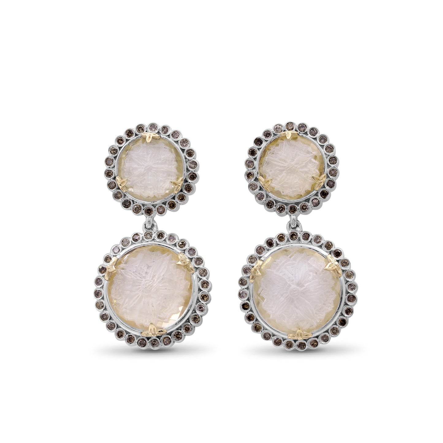 Carventurous Internally Carved Natural Quartz Gold Lining with Champagne Diamonds Earrings in Sterling Silver with 18K Gold Flowers