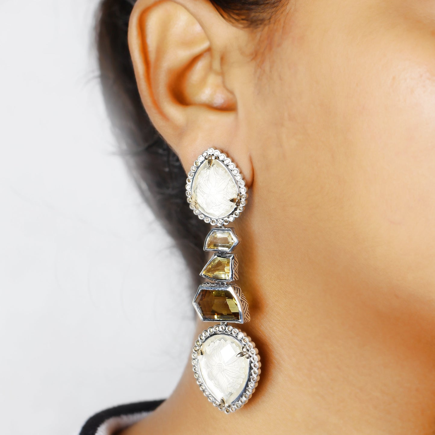 Carventurous Internally Carved Natural Quartz Gold Lining and Citrine Earring in Sterling Silver with Champagne Diamonds and 18K Gold Flowers