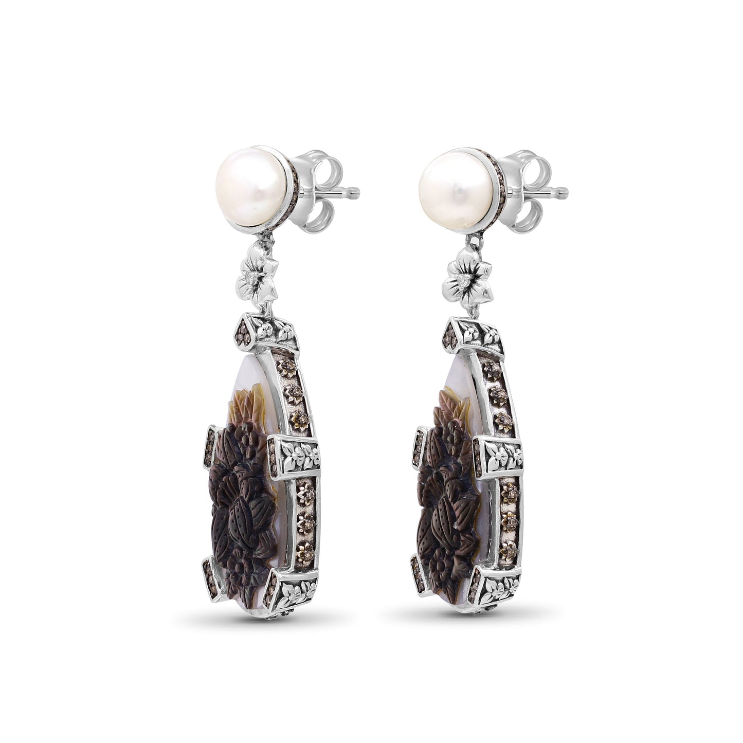Carventurous White Pearl Carved Mother of Pearl Earrings with Champagne Diamonds in Sterling Silver