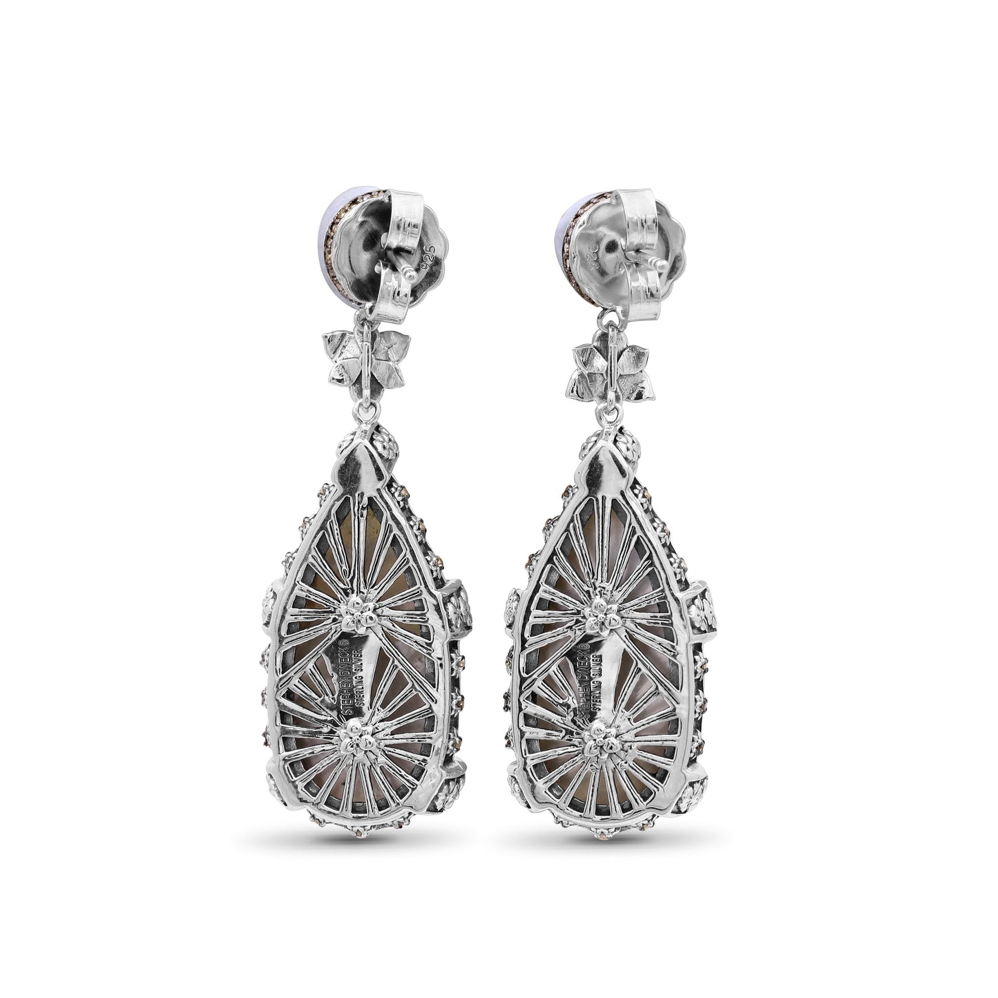 Carventurous White Pearl Carved Mother of Pearl Earrings with Champagne Diamonds in Sterling Silver