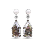 Carventurous White Pearl Carved Mother of Pearl Earrings with Champagne Diamonds in Sterling Silver