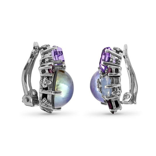 Rockrageous Amethyst Rhodolite Garnet Pink Tourmaline Lavender Moon Quartz and Mabe Pearl Clip Earrings in Sterling Silver