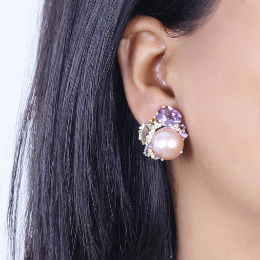 Rockrageous Multi-Hued Citrine Rhodolite Garnet Tourmaline Amethyst and Golden Mabe Pearl Cluster Earrings in Sterling Silver With 18K Gold and Diamond Flowers