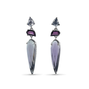 Galactical Lavender Moon Quartz and Amethyst Dangle Earrings in Sterling Silver