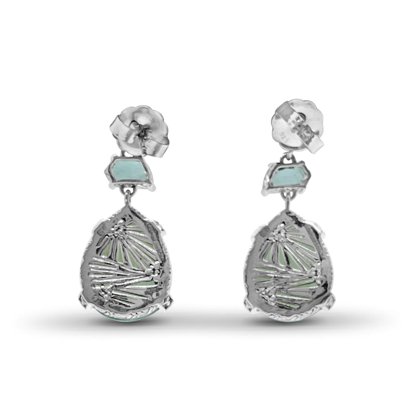 Galactical Green Prasiolite Natural Quartz Mother of Pearl and Green Serpentine Jade Earrings in Sterling Silver
