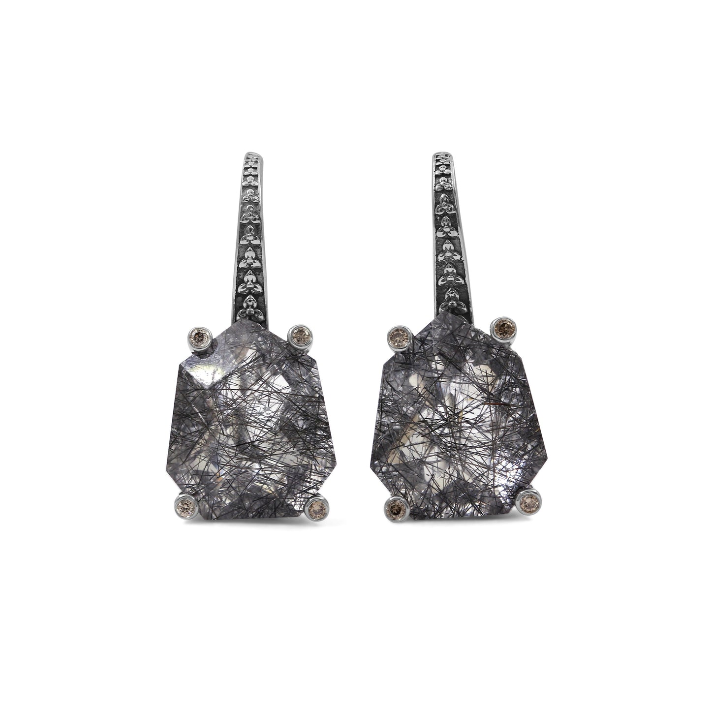 Galactical Black Tourmalated Quartz and Champagne Diamond Galactical Earrings in Sterling Silver