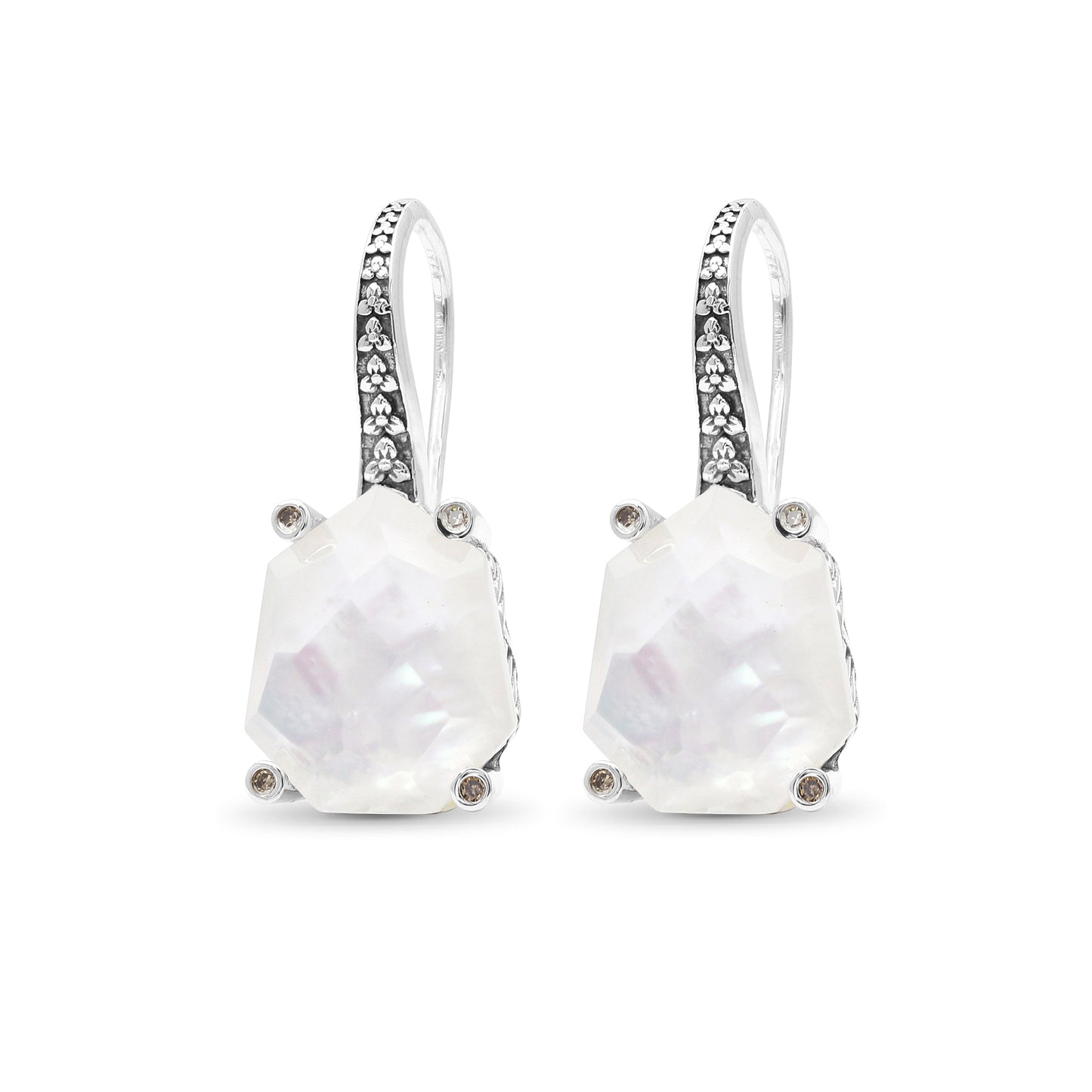 Galactical Crystal Quartz Over White Mop Galactical Earrings in Sterling Silver with Diamonds