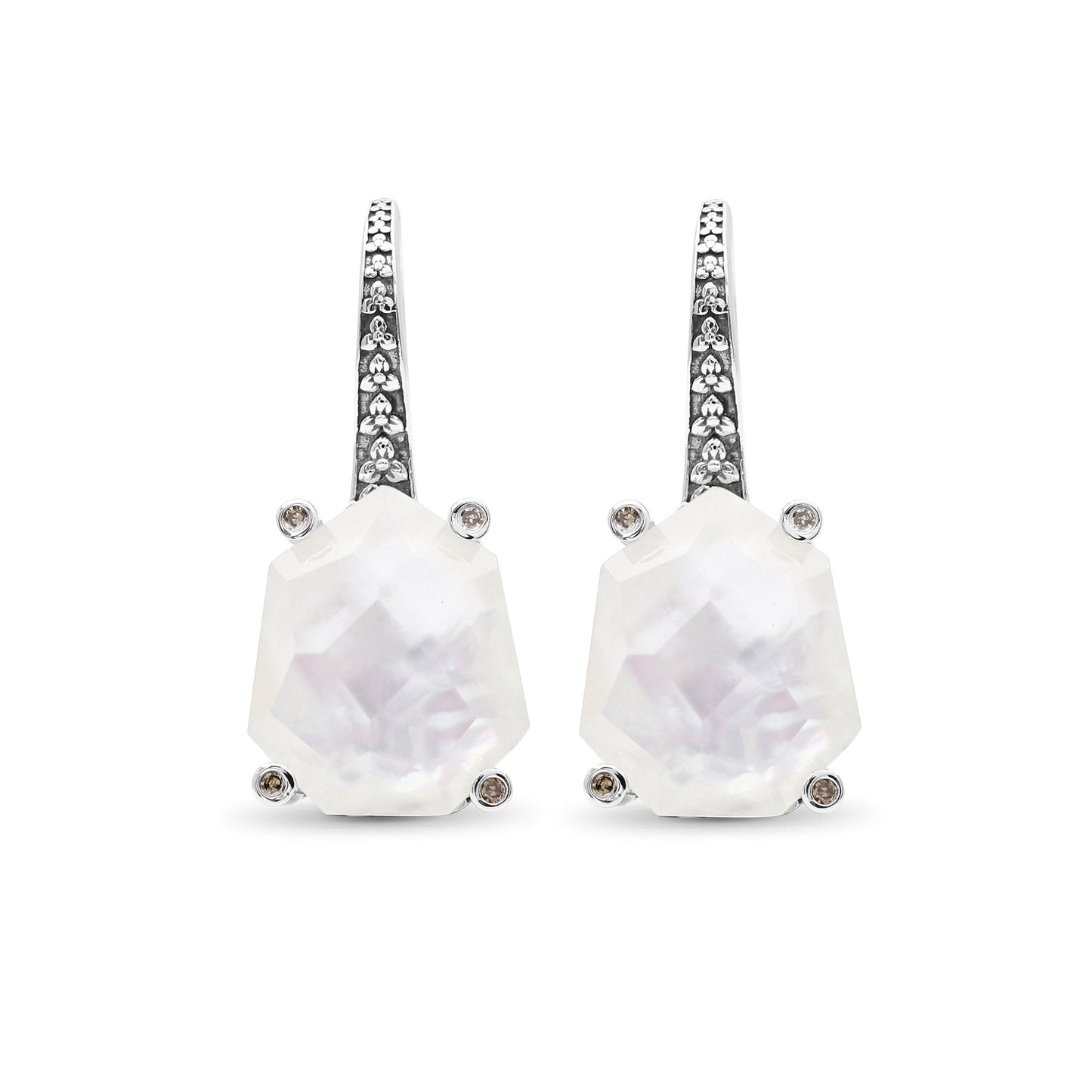 Galactical Crystal Quartz Over White Mop Galactical Earrings in Sterling Silver with Diamonds