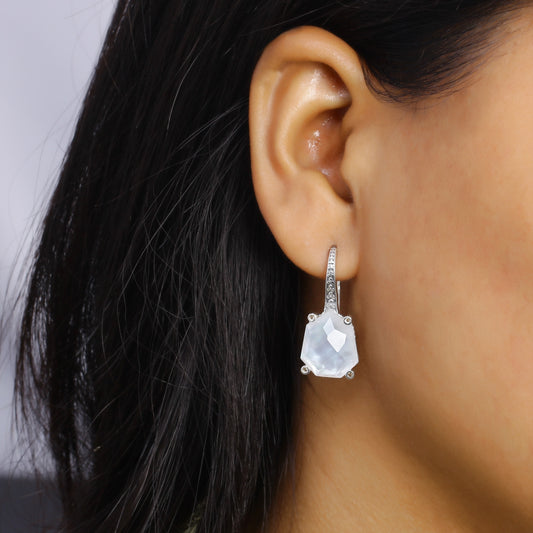 Galactical Crystal Quartz Over White Mop Galactical Earrings in Sterling Silver with Diamonds