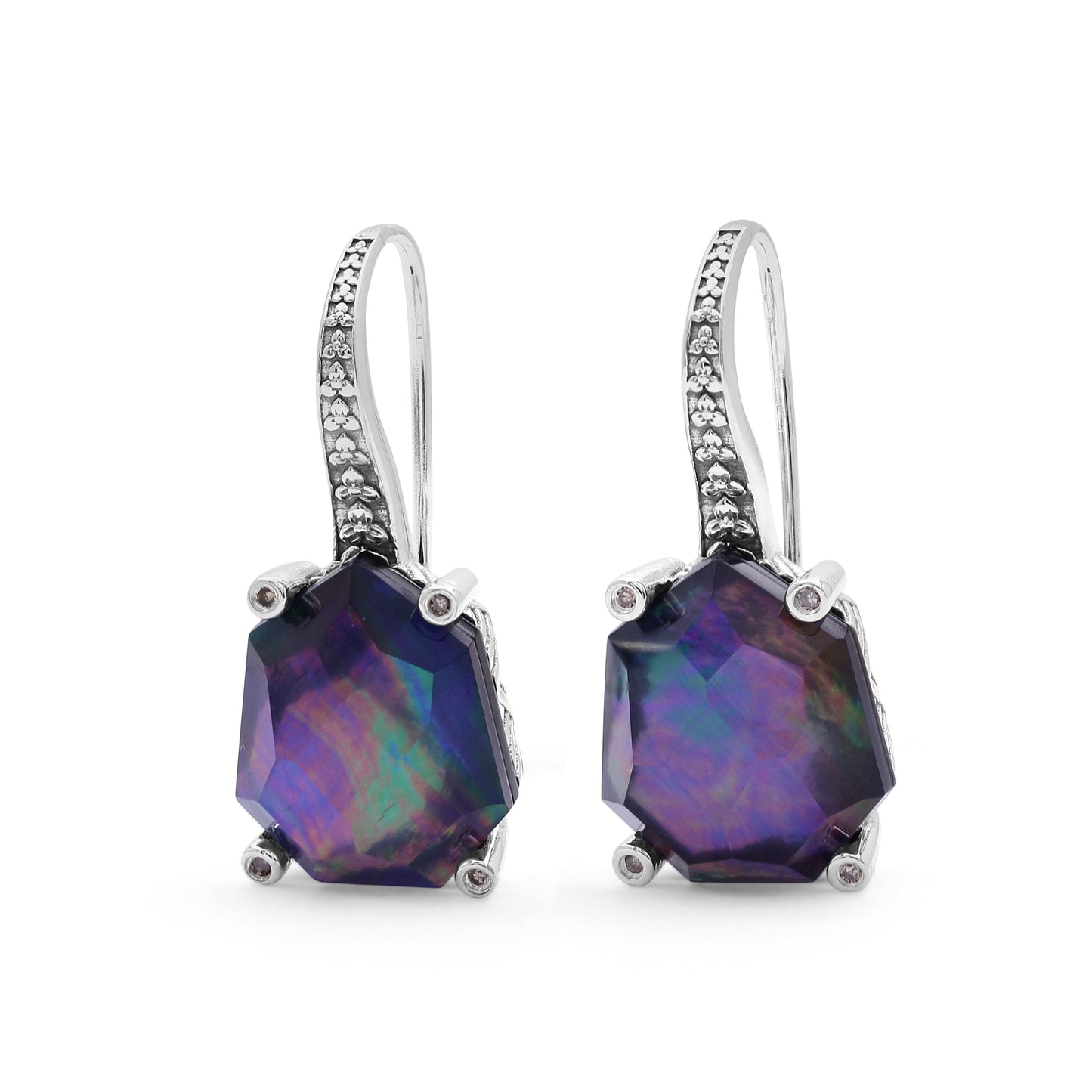 Galactical Faceted Natural Quartz Mother of Pearl Hematite and Champagne Diamond Galactical Earrings in Sterling Silver