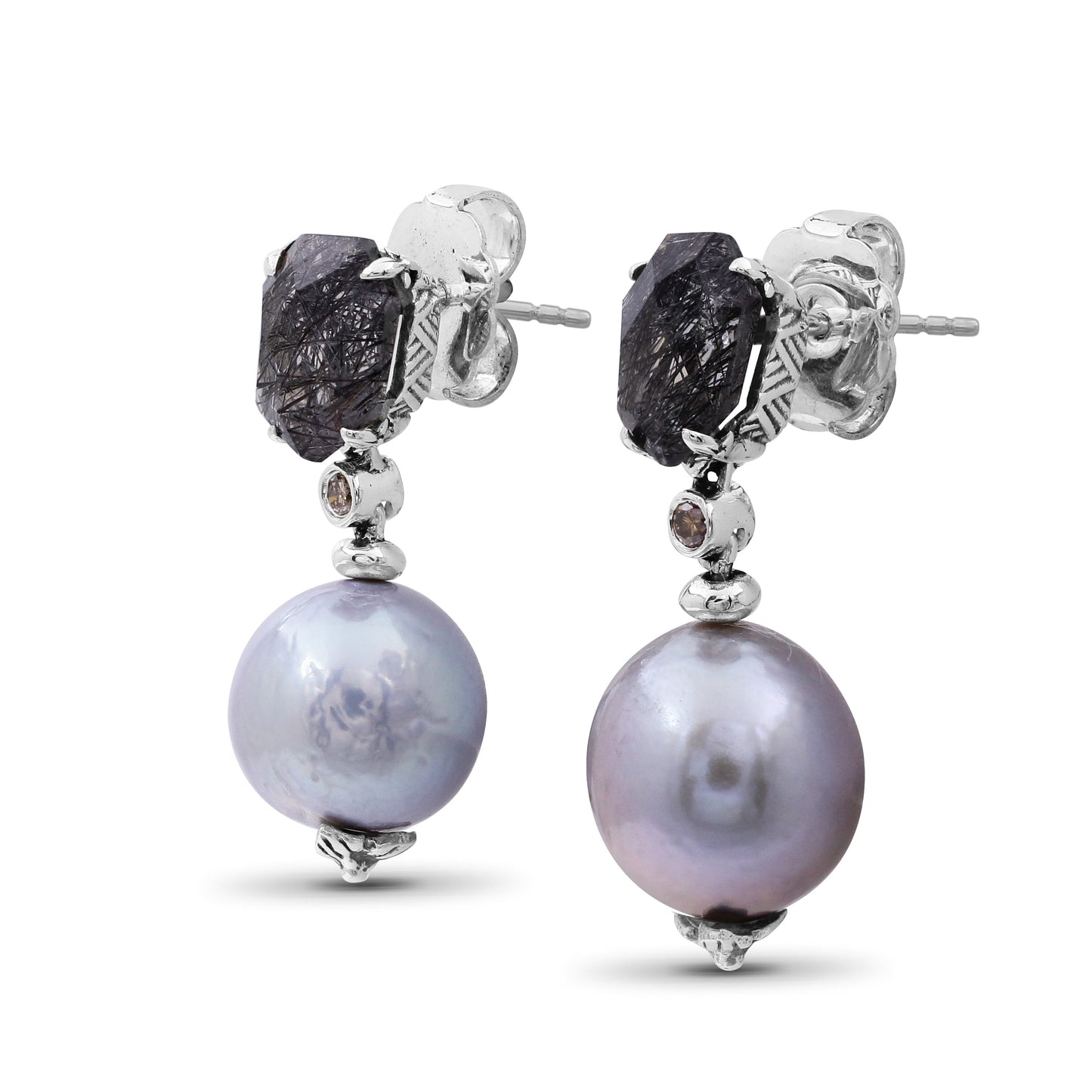 Galactical Black Hair Rutilated Quartz Baroque Pearl and Diamond Drop Earring in Sterling Silver