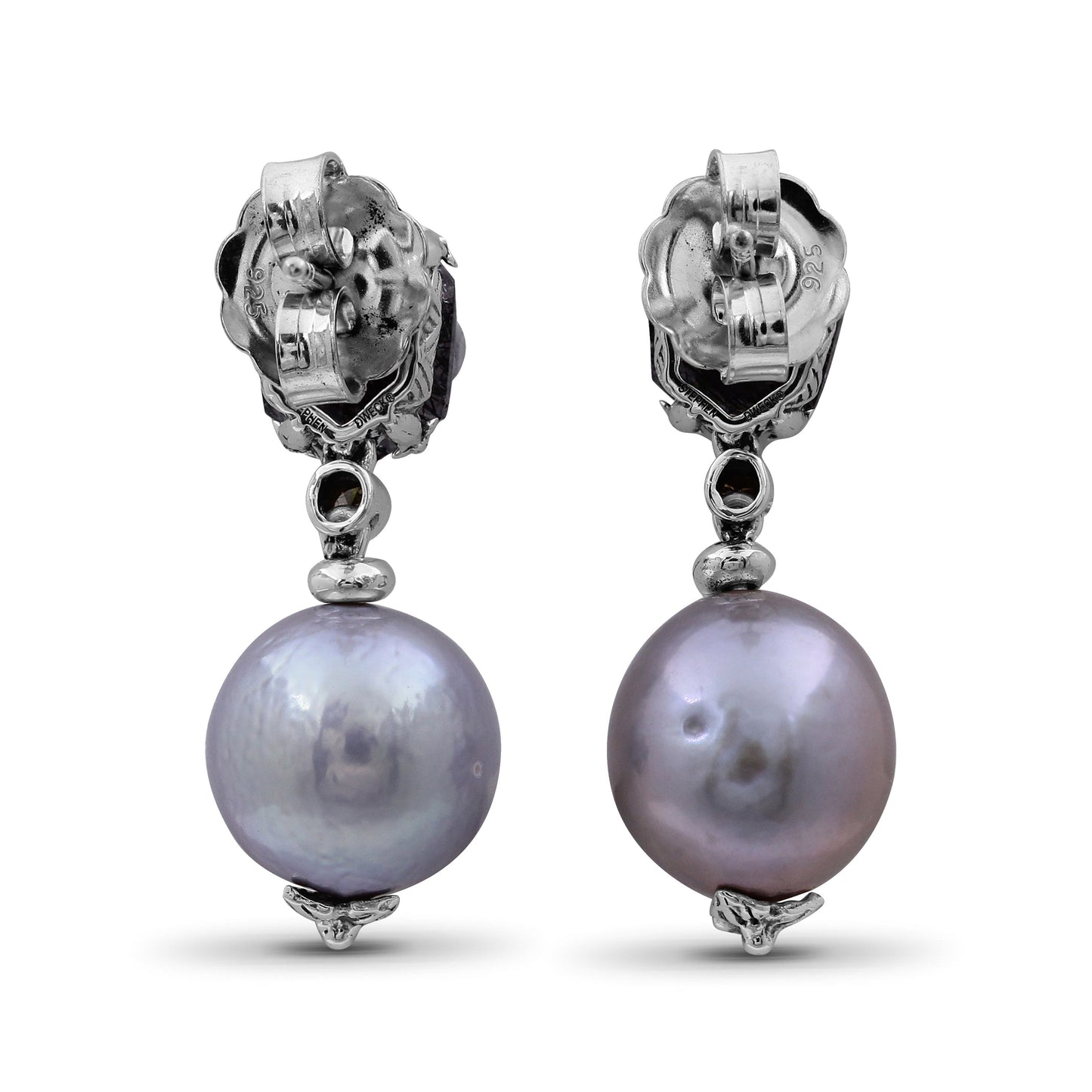 Galactical Black Hair Rutilated Quartz Baroque Pearl and Diamond Drop Earring in Sterling Silver