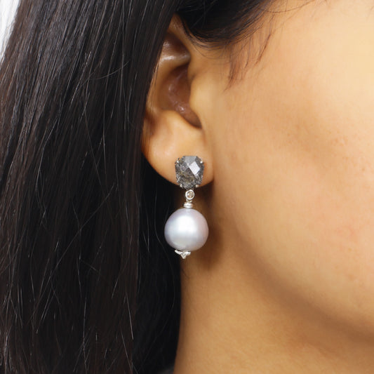 Galactical Black Hair Rutilated Quartz Baroque Pearl and Diamond Drop Earring in Sterling Silver