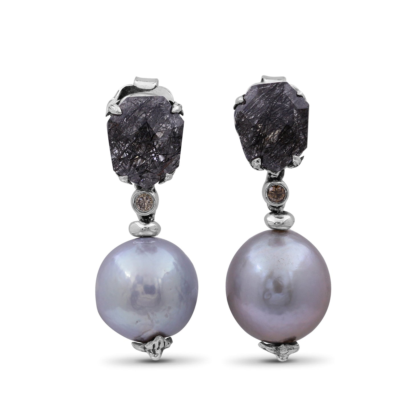 Galactical Black Hair Rutilated Quartz Baroque Pearl and Diamond Drop Earring in Sterling Silver