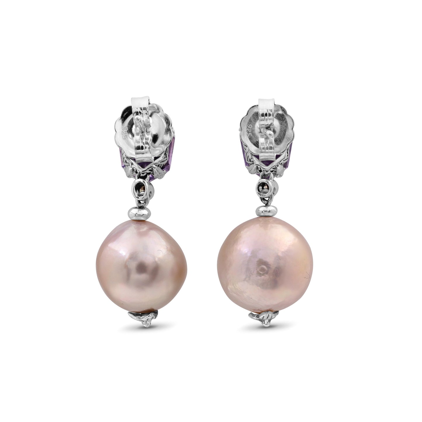 Galactical Amethyst Baroque Pearl and Champagne Diamond Drop Earrings in Sterling Silver