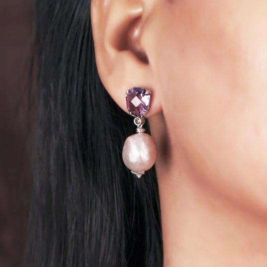 Galactical Amethyst Baroque Pearl and Champagne Diamond Drop Earrings in Sterling Silver