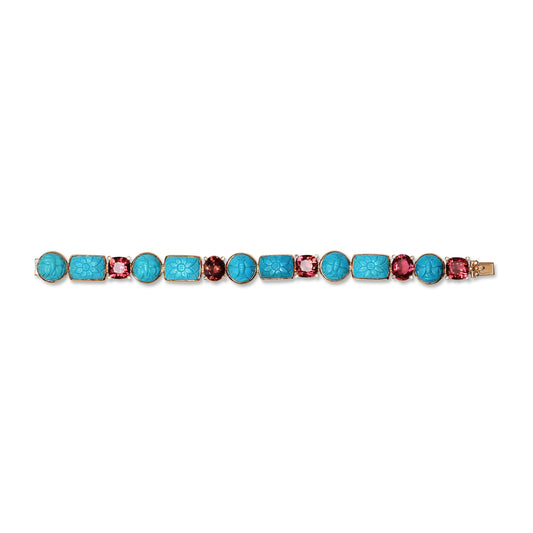 Luxury Hand Carved Turquoise 73.3ct Pink Tourmaline 23.4ct and Diamond 0.20ct Bracelet in 18K Gold