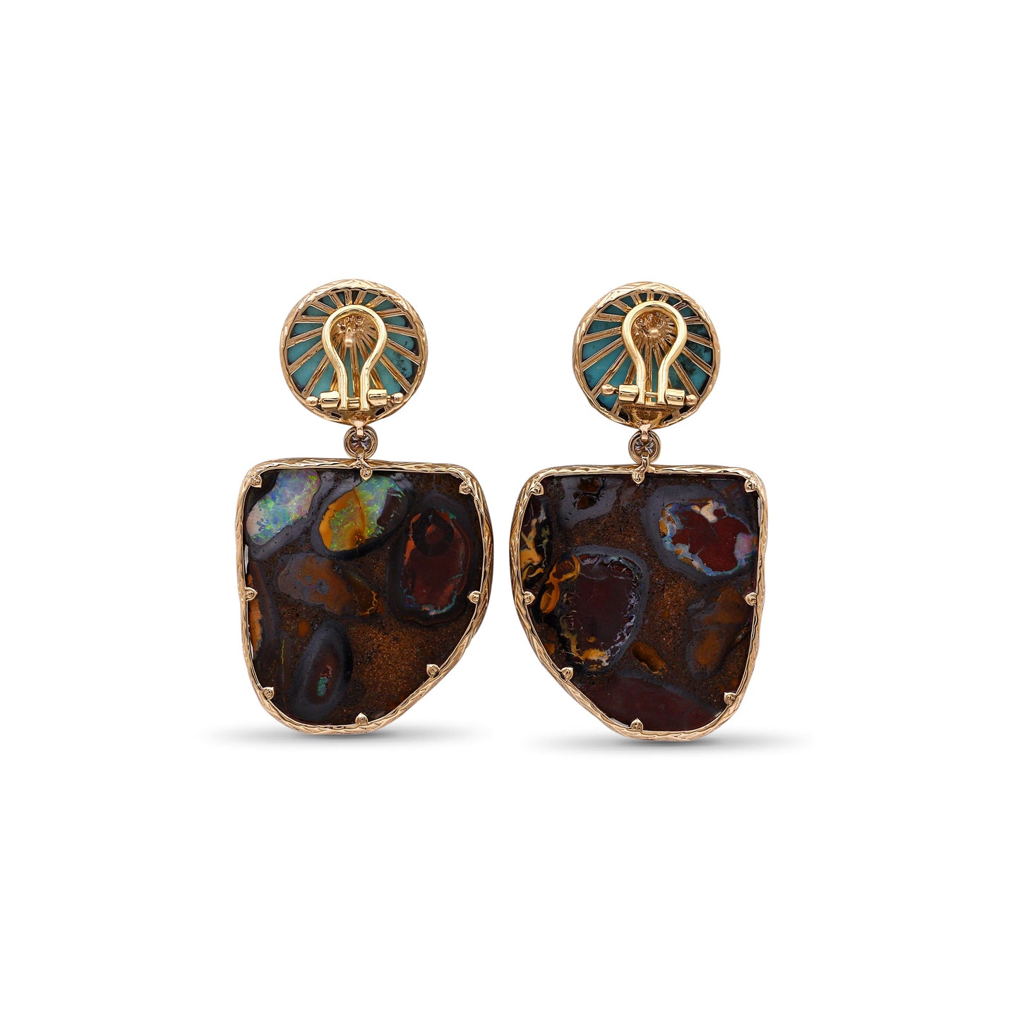 Luxury Turquoise Hand Carved Boulder Opal and Diamond 0.20ct Earrings in 18K Gold