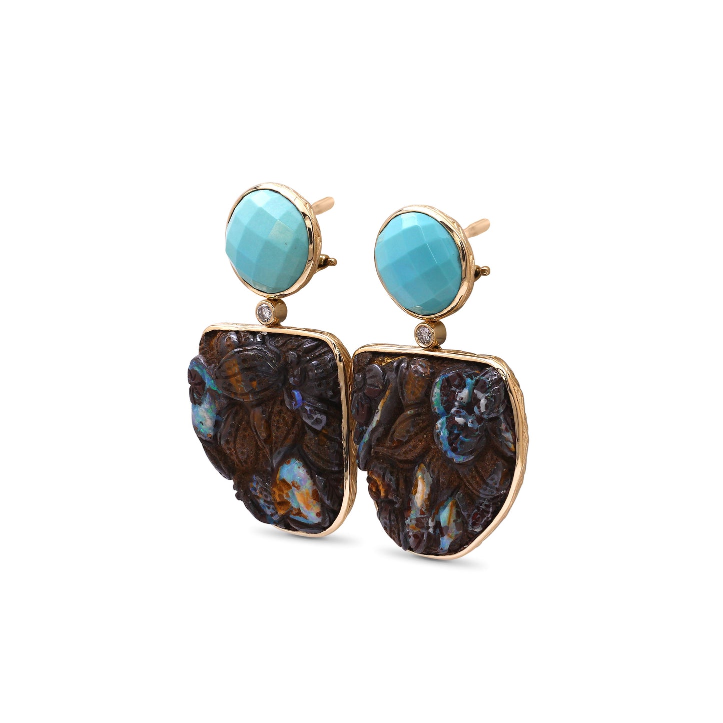 Luxury Turquoise Hand Carved Boulder Opal and Diamond 0.20ct Earrings in 18K Gold