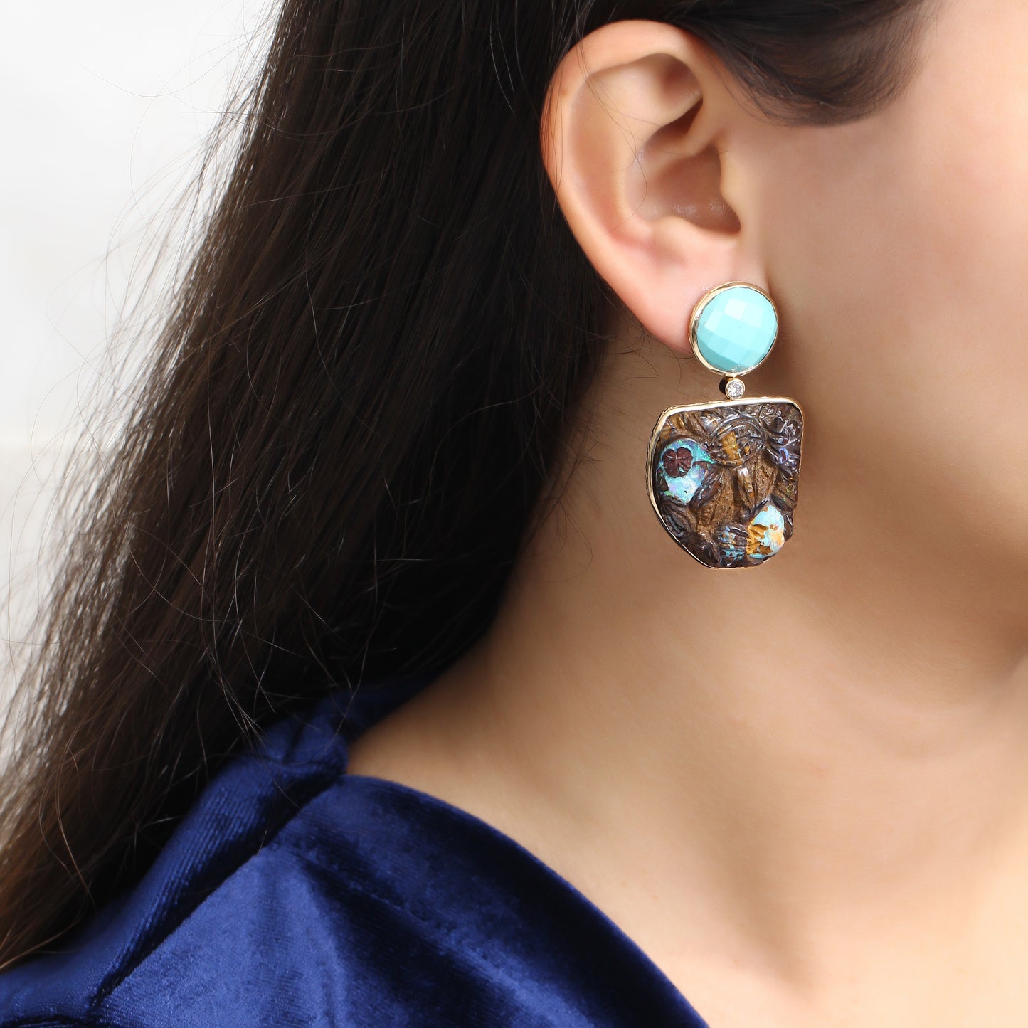 Luxury Turquoise Hand Carved Boulder Opal and Diamond 0.20ct Earrings in 18K Gold