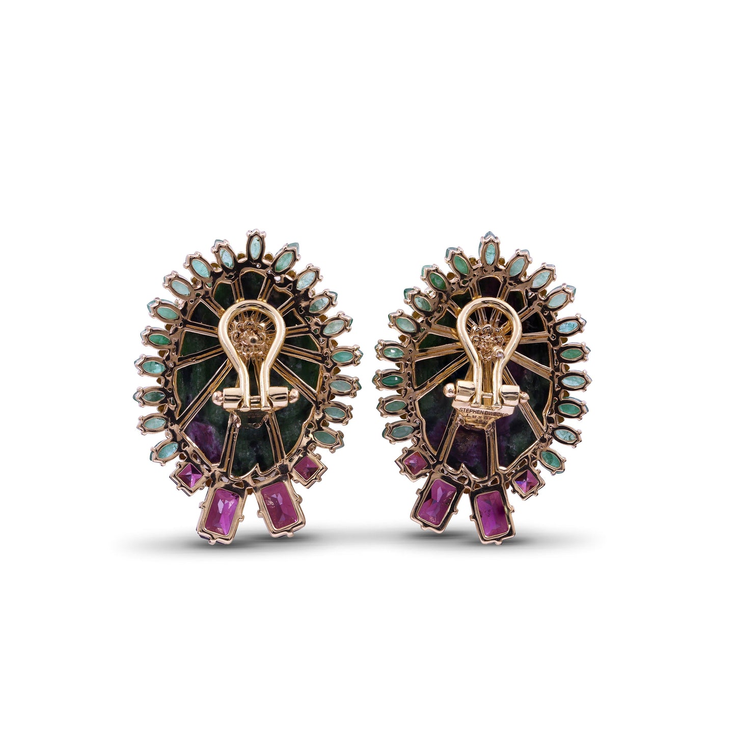 Luxury Hand Carved Ruby Zoisite 68ct Emerald 4.3ct and Rhodolite Garnet 3ct Earrings in 18K Gold