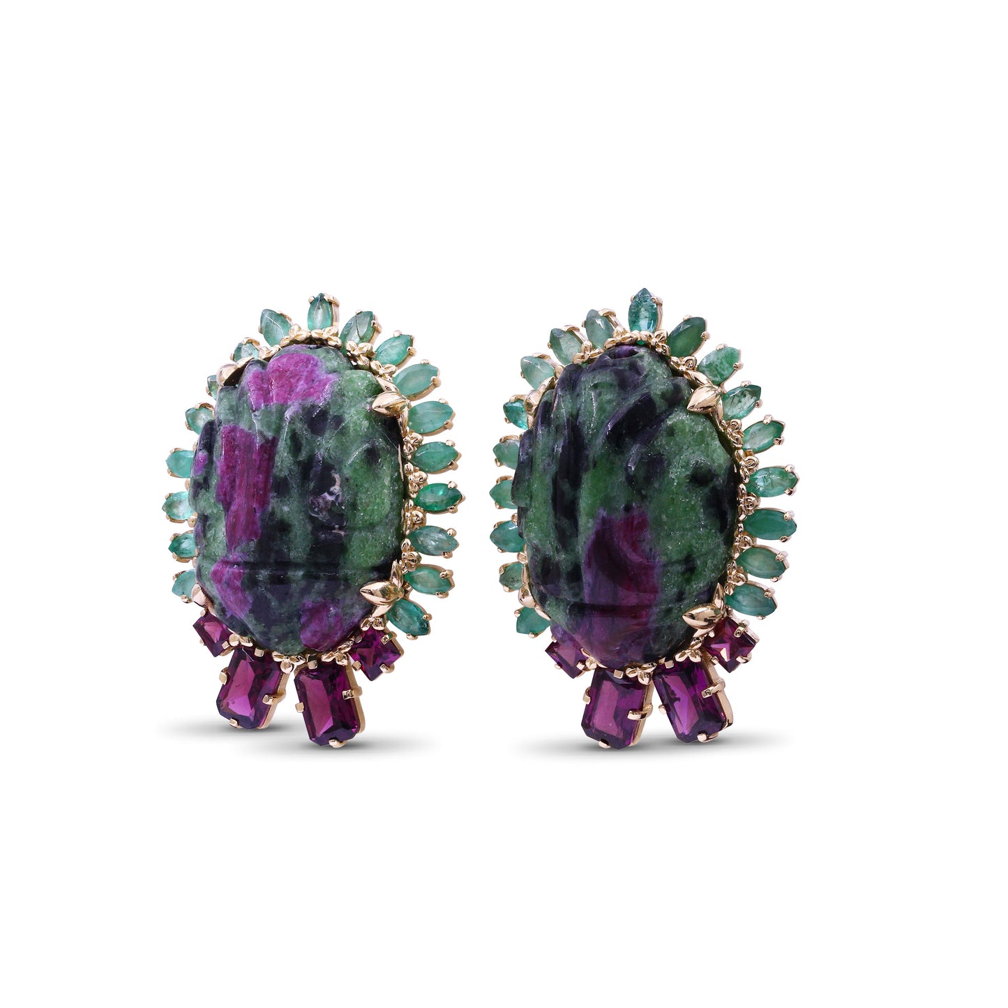 Luxury Hand Carved Ruby Zoisite 68ct Emerald 4.3ct and Rhodolite Garnet 3ct Earrings in 18K Gold