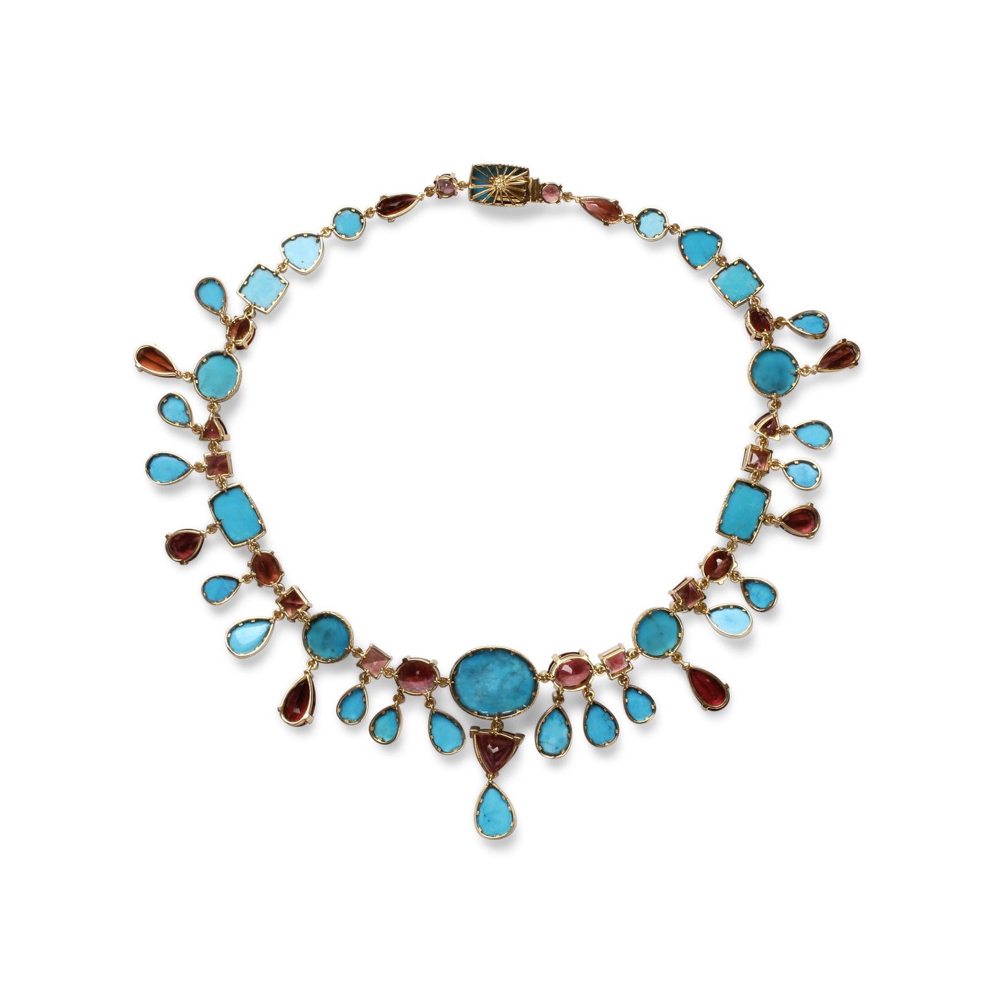 Luxury Hand Carved and Sleeping Beauty Turquoise 137ct Pink Tourmaline 64ct and Diamond 2.60ct Necklace in 18K Gold