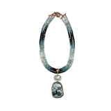 Luxury Vintage Hand Carved Jade Aquamarine Tourmaline Bead and Diamond 1.55ct Necklace in 18K Gold