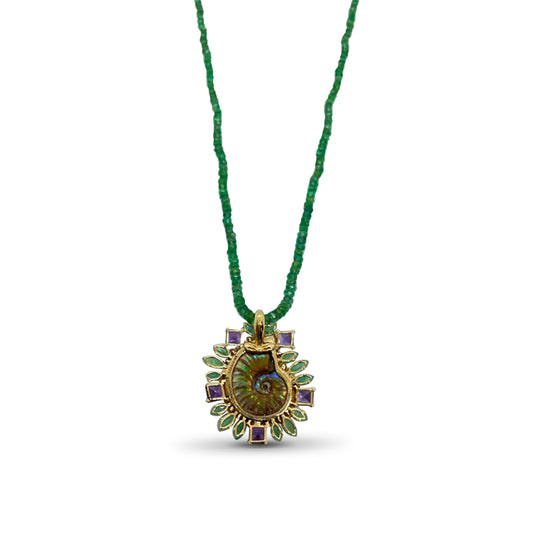 Luxury Ammolite Emerald Amethyst Diamond and Emerald Bead Necklace in 18K Gold