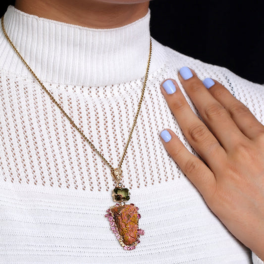 Luxury Hand Carved Sunset Jasper 34.3ct Bi-Color Tourmaline 6.7ct Yellow Sapphire 0.40ct Pink Tourmaline 2.8ct and Diamond 0.25ct Pendant in 18K Gold
