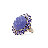 Luxury Hand Carved Chalcedony 18ct Tanzanite 5ct and Diamond 0.25ct Ring in 18K Gold