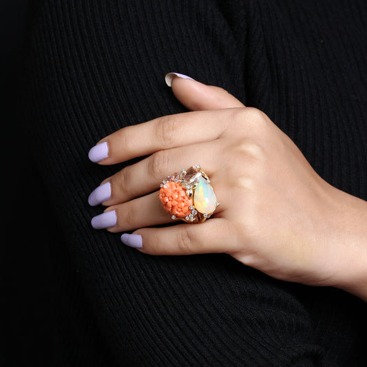 Luxury Hand Carved Coral 14.5ct Ethiopian Opal 5.1ct Morganite 1.5ct Pink Tourmaline 0.40ct and Diamond 0.45ct Ring in 18K Gold