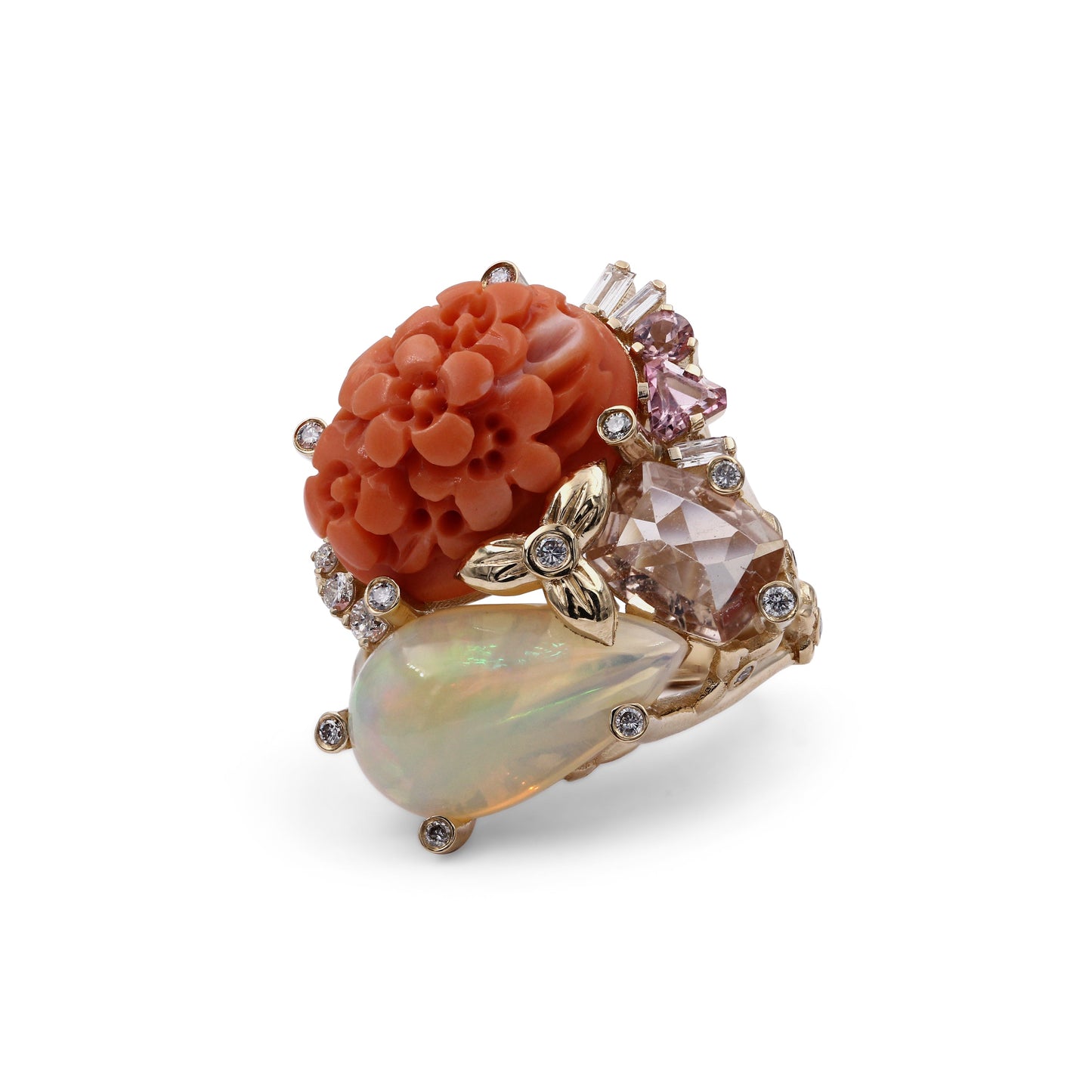 Luxury Hand Carved Coral 14.5ct Ethiopian Opal 5.1ct Morganite 1.5ct Pink Tourmaline 0.40ct and Diamond 0.45ct Ring in 18K Gold