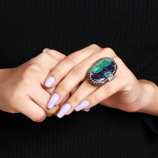 Luxury Azurite Malachite 24.8ct Emerald 1.95ct Blue Sapphire 1.45ct and Diamond 0.15ct Ring in 18K Gold