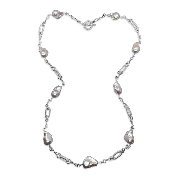 Natural Baroque Pearl Small Rock and Roll Engraved Link Necklace