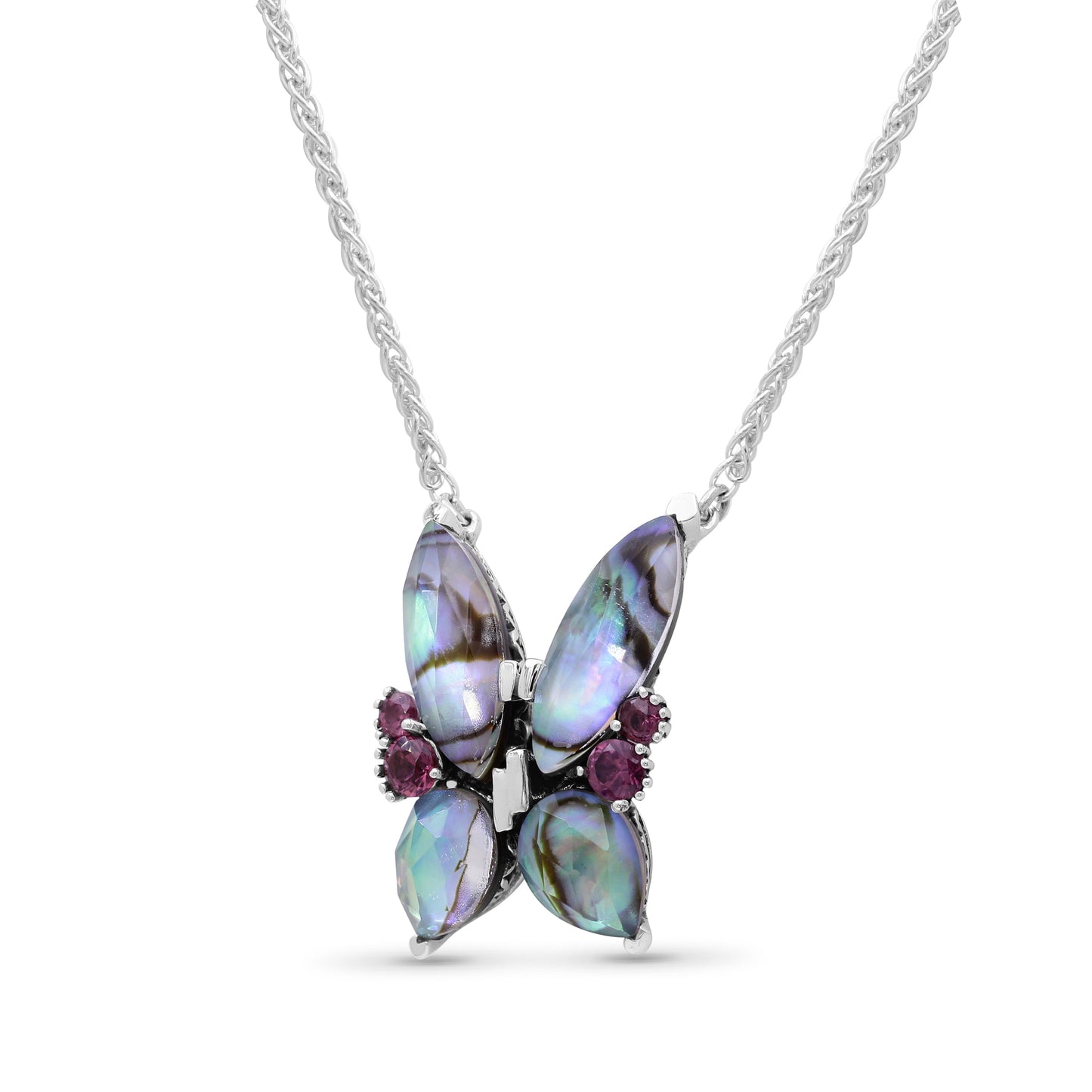 Terraquatic Faceted Natural Quartz Abalone and Rhodolite Garnet Butterfly Pendant in Sterling Silver