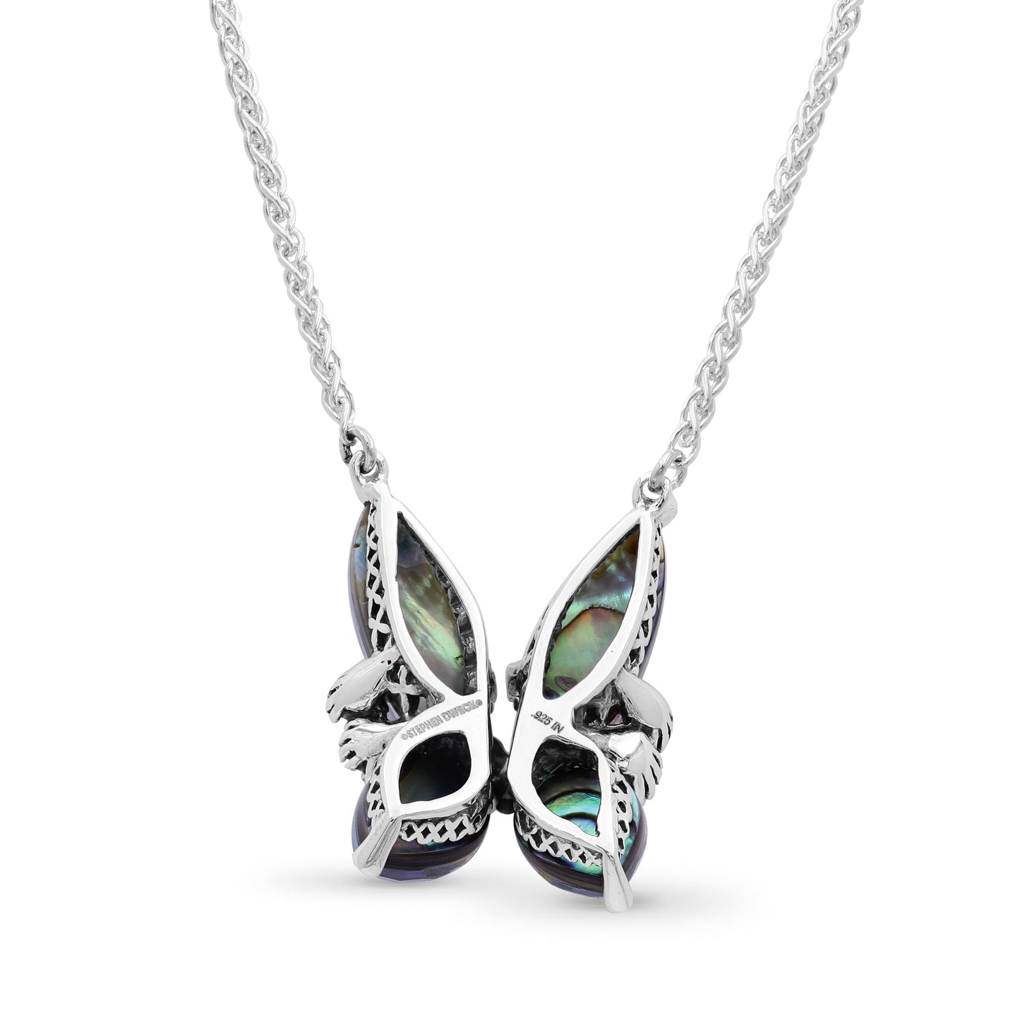 Terraquatic Faceted Natural Quartz Abalone and Rhodolite Garnet Butterfly Pendant in Sterling Silver