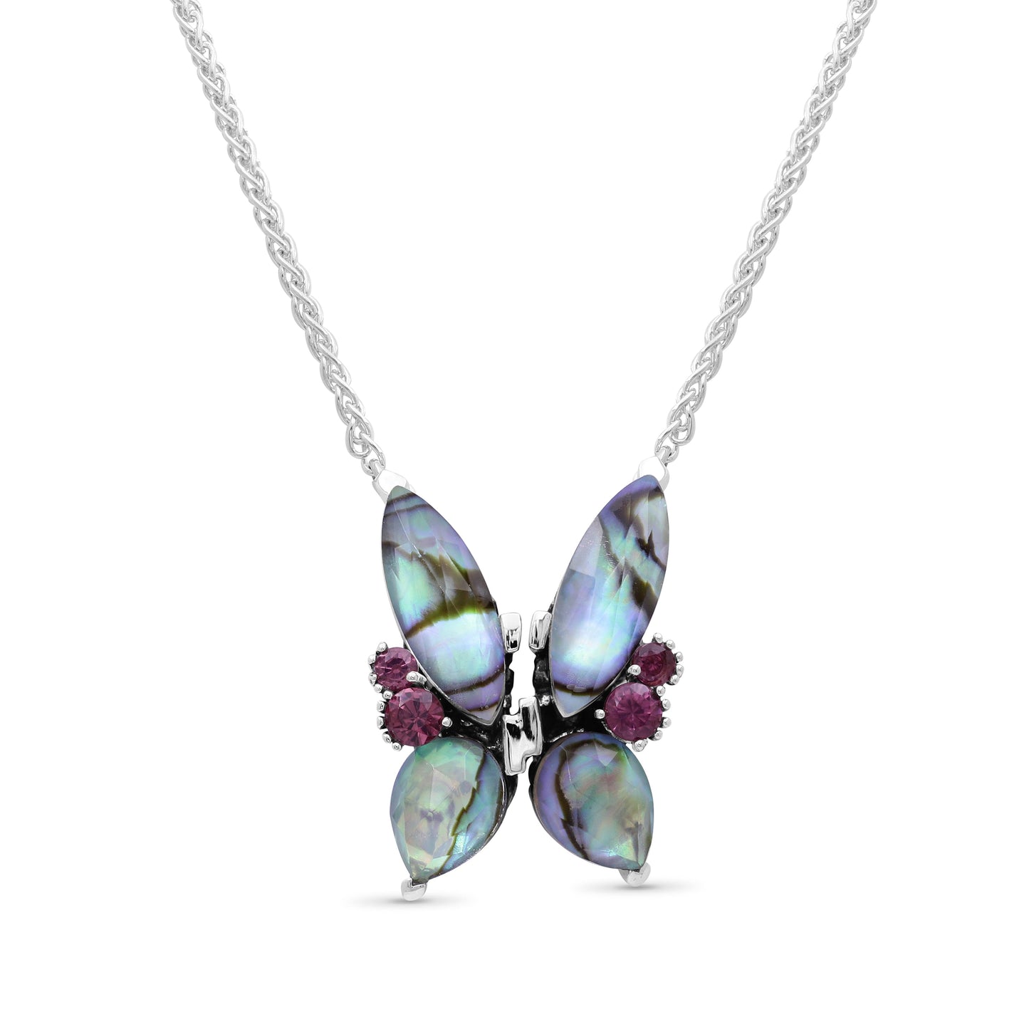Terraquatic Faceted Natural Quartz Abalone and Rhodolite Garnet Butterfly Pendant in Sterling Silver