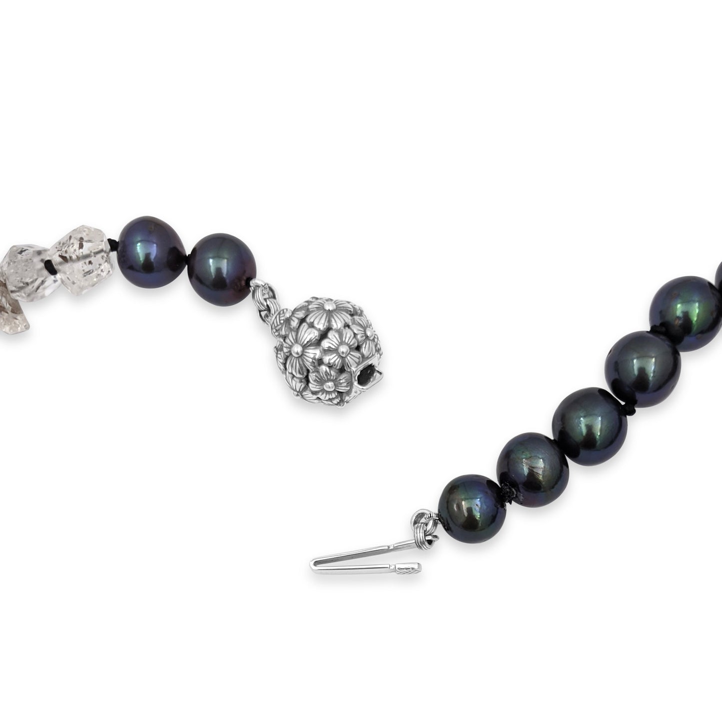 Terraquatic Hand Carved Jet Natural Pearls Agate Herkimar ( Quartz) Diamond Natural Tourmaline Crystals Pave Spinal Sterling Silver Clasp Nacklace