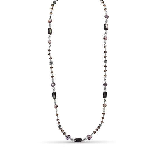 Terraquatic Long Single Strand of Smoky Qtz, Silver Pearls and Faceted Grey Mop with Sterling Silver Details