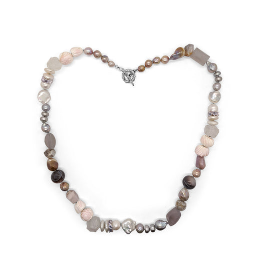 Terraquatic Collage Necklace of Tourmalated Kunzite Galactical Cut Lavender Moon Quartz Rondelle Crazy Lace Agate Hand Carved Caribbean Conch Shell and Baroque Pearls in Sterling Silver