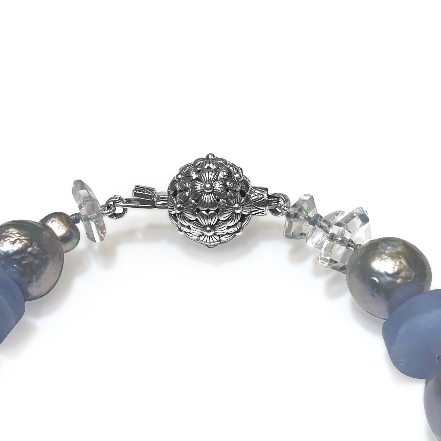Terraquatic Blue Lace Agate Lodolite Botswana Agate Natural Quartz and Multi-hued Pearl Necklace in Sterling Silver