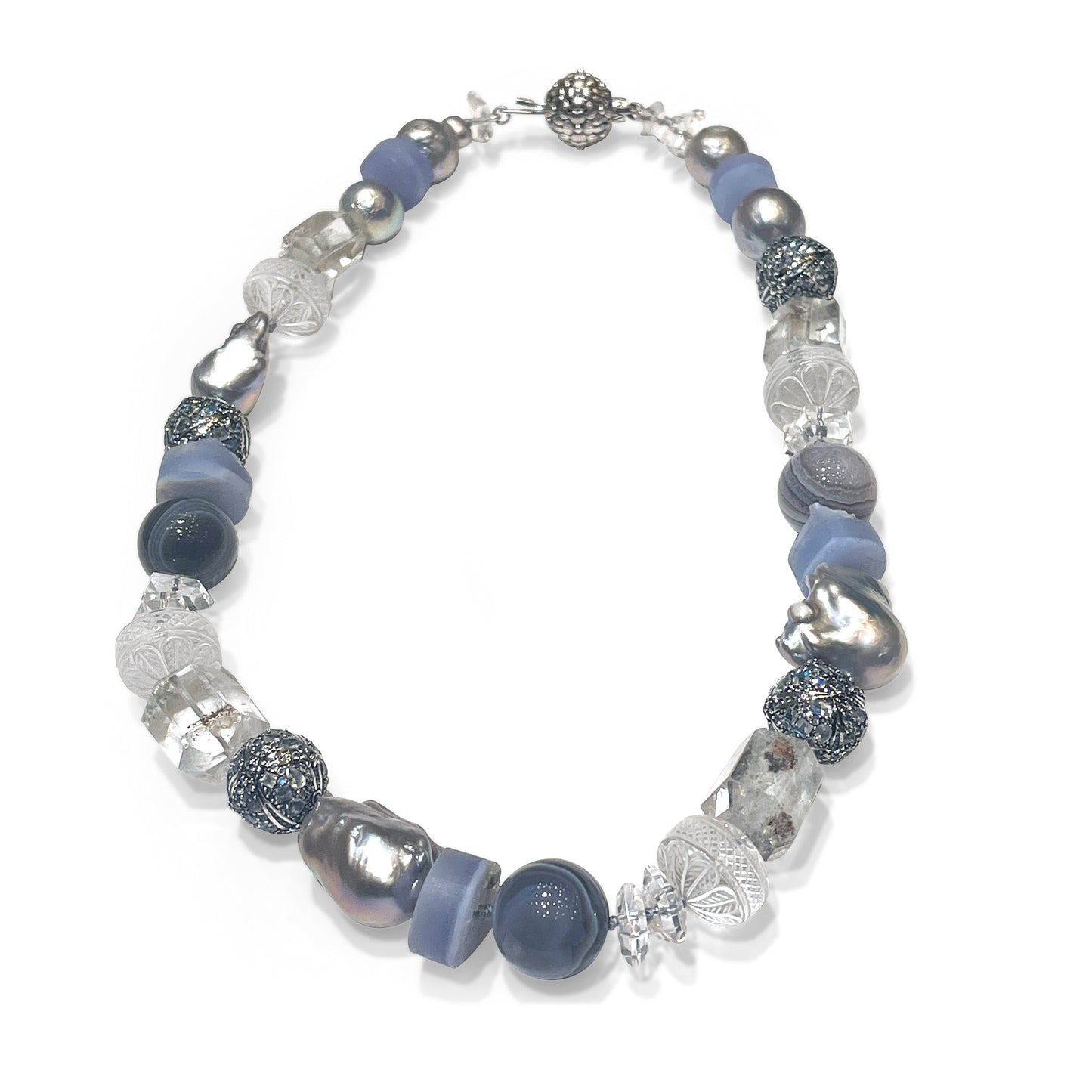 Terraquatic Blue Lace Agate Lodolite Botswana Agate Natural Quartz and Multi-hued Pearl Necklace in Sterling Silver